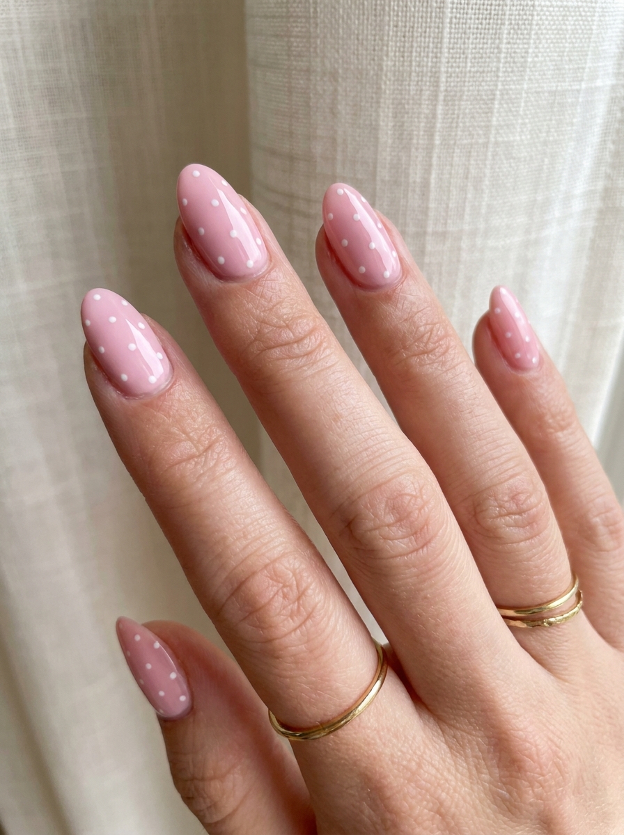 Soft Pink Polka Dot Nails mit rosiger Basis und kleinen weißen Punkten